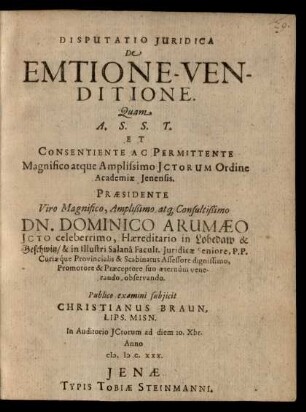 Disputatio Iuridica De Emtione-Venditione