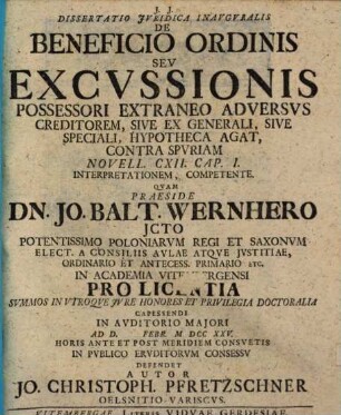 Diss. iur. inaug. de beneficio ordinis seu excussionis possessori extraneo adversus creditorem ... competente