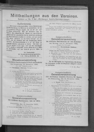 Mittheilungen aus den Vereinen. Beiblatt zu No. 9 der "Hambuger Aerzte-Correspondenz"