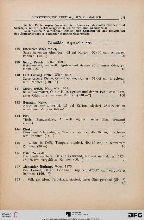 Gemälde, Aquarelle, etc. (Nr. 138-180)