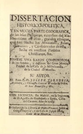 [Title page of Dissertation historico-politica, by Joseph Torrubia (Madrid, 1753); ...