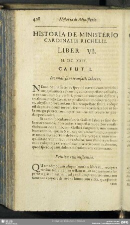 Historia De Ministerio Cardinalis Richelii. Liber VI. M. DC. XXIX