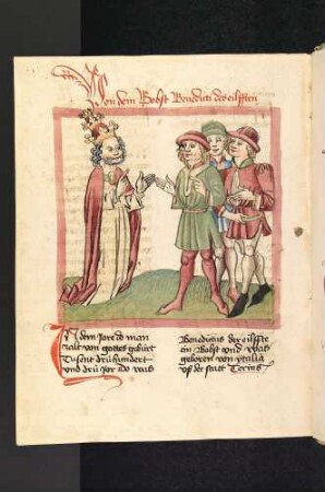 Papst Benedikt XI. spricht mit drei Gläubigen