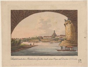 Ansicht von Dresden, Blick von der Elbe unterhalb des Bogens der Augustusbrücke auf die Altstadt mit Frauenkirche und Brühlscher Terrasse