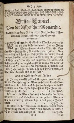 Erstes Capitel. Von der Assyrischen Monarchie. - Das dritte Capitel. Von der Griechischen Monarchie.