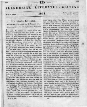 Plato: Der Staat. Übers. v. K. Schneider. Breslau: Schletter 1839 (Fortsetzung der in No. 124. abgebrochenen Recension.)