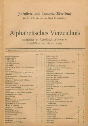 Alphabetisches Verzeichnis sämtlicher im Adreßbuch vertretenen Geschäfts- und Berufszweige