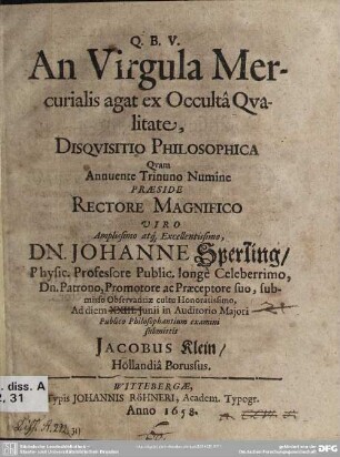 An Virgula Mercuralis agat ex Occultâ Qvalitate, Disqvisitio Philosophica