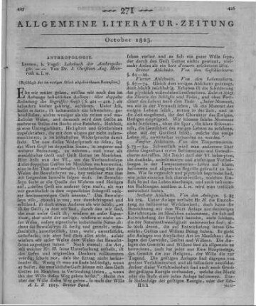 Heinroth, J. C. A.: Lehrbuch der Anthropologie. Leipzig: Vogel 1823 (Beschluss der im vorigen Stück abgebrochenen Recension)