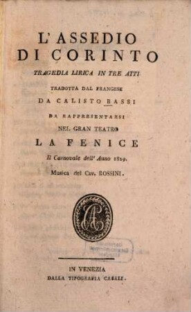 L' assedio di Corinto : Tragedia lirica in 3 atti