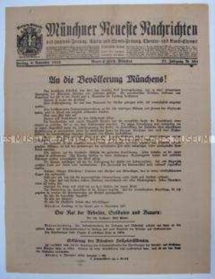 Titelblatt der Tageszeitung "Münchner Neueste Nachrichten" zum Sturz der Monarchie in Bayern und zum Beginn der Waffenstillstandsverhandlungen