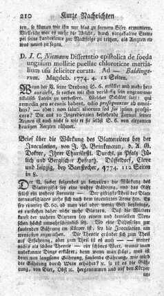 Brief über die Würkung des Blattereiters bey der Inoculation.