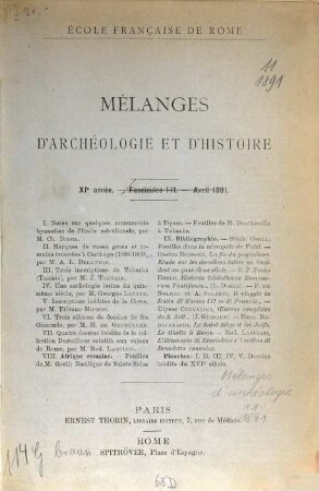 Mélanges d'archéologie et d'histoire. 11, 11. 1891