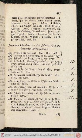 Pläne von Schlachten aus dem siebenjährigen und bayrischen Erbfolgekriege (Nr. 473-487)