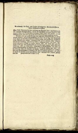 Verordnung, die Tag- und Nacht-Wachten der Gerichtsschöffen in denen Dörfern betreffend : Zweybrücken den 28 April 1772