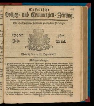38tes Stueck, Montag den 20ten September. 1790