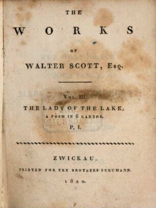 The Works of Walter Scott, Esq., 3. The lady of the lake ; p. 1