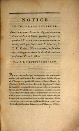Notice de l'ouvrage intitulé: Abdollatiphi historiae Aegypti compendium, arabice et latine Oxonii, 1800