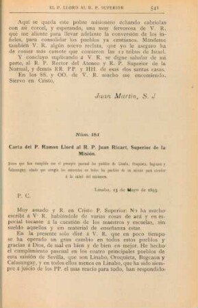 Núm. 151. Carta del P. Ramón Llord al R. P. Juan Ricart, Superior de la Misión