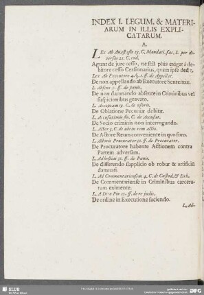 Index I. Legum, & Materiarum In Illis Explicatarum