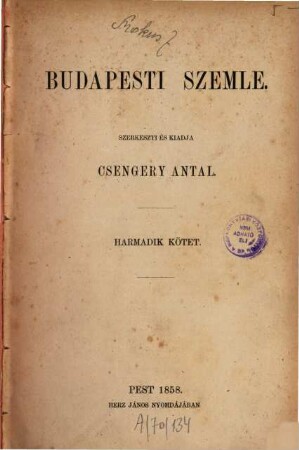 Budapesti szemle : a Magyar Tud. Akadémia megbízásából, 3. 1858