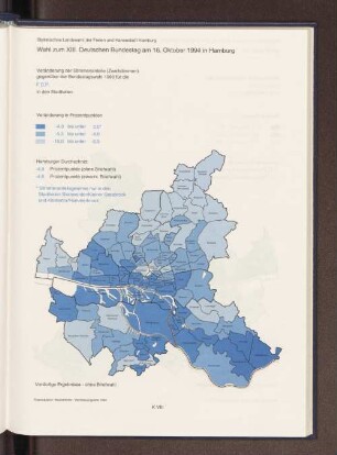 Veränderungen der Stimmenanteile (Zweitstimmen) gegenüber der Bundestagswahl 1990 für die F.D.P. in den Stadtteilen