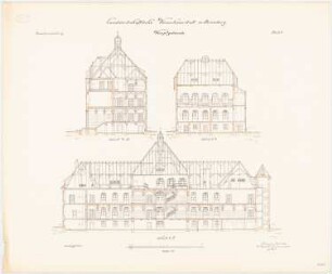 Landwirtschaftliche Versuchsanstalt, Bromberg Hauptgebäude: Längsschnitt Querschnitt 1:100
