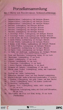 Porzellansammlung des Herrn von Neubronner, Schloss Lichtenegg (Nr. 1-34)