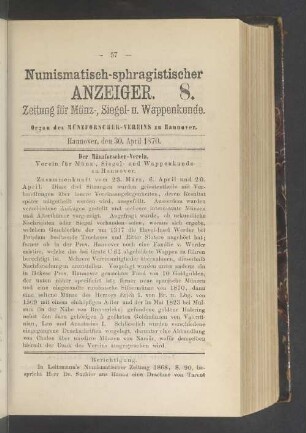 Numismatisch-sphragistischer Anzeiger. 8. 30. April 1870
