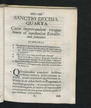 Sanctio Decima Quarta. Circa impetrandam recognitionem ad impediendam Executionem sententiae.
