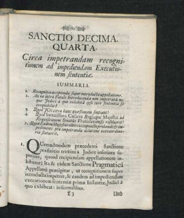 Sanctio Decima Quarta. Circa impetrandam recognitionem ad impediendam Executionem sententiae.