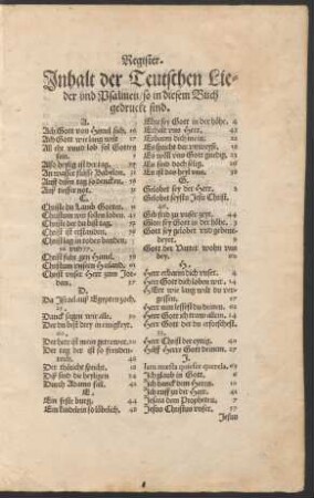 Register. Inhalt der Teutschen Lieder und Psalmen/ so in diesem Buch gedruckt sind.