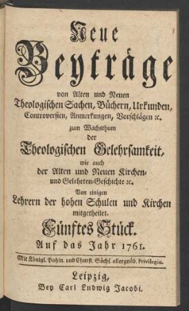 Fünftes Stück. Auf das Jahr 1761