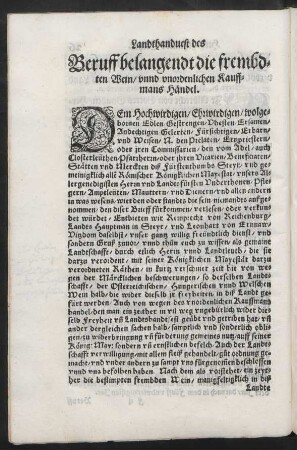 Beruff belangendt die frembdten Wein/ unnd unordenlichen Kauffmans Händel.