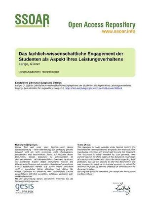 Das fachlich-wissenschaftliche Engagement der Studenten als Aspekt ihres Leistungsverhaltens