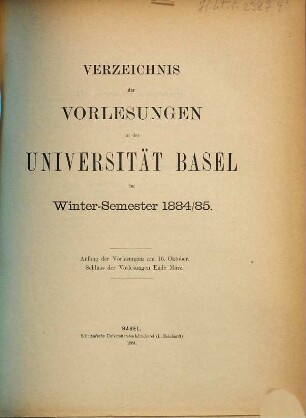 Verzeichnis der Vorlesungen. 1884/85. WS.