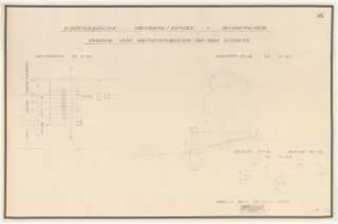 Gartenanlage Kriegsschule, Werder: Sportplatz: Treppe und Brüstungsmauer an der Südseite: Grundriss 1:50, Schnitt 1:20, Detail Schnitte 1:10