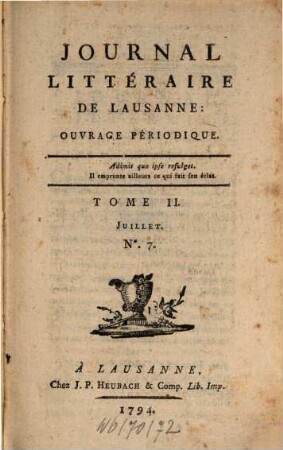 Journal littéraire de Lausanne : ouvrage périodique. 2. 1794