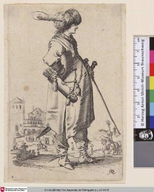 [Ein Mann mit Turban; Turbanned man in right profile before building with arcaded facade and campanile]