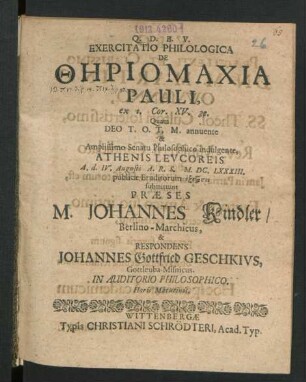 Exercitatio Philologica De Th¯eriomachia Pauli, ex 1. Cor. XV. 32.