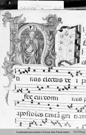 Buchseite mit Text, Neumen und historisierter Initiale H, darin der Heilige Bischof Martin - Corale