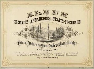 Titelblatt des Album der Chemnitz-Annaberger Staats-Eisenbahn von 1866, mit einer Flusslandschaft an der Zschopau und der Augustusburg bei Erdmannsdorf