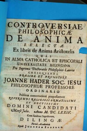 Controversiae philosophicae De Anima Selectae Ex libris de Anima Aristotelis