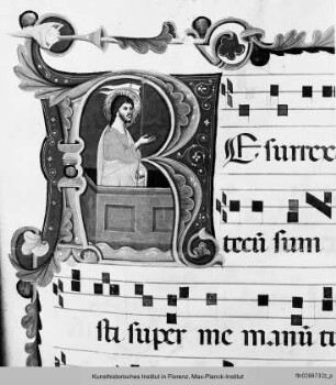 Chorbuch : Buchseite mit vierzeiligen Neumen, Text und historisierter Initiale R mit Auferstehung Christi