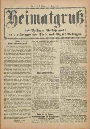 5.1916: Heimatgruß des Balinger Volksfreunds an die Krieger von Stadt und Bezirk Balingen