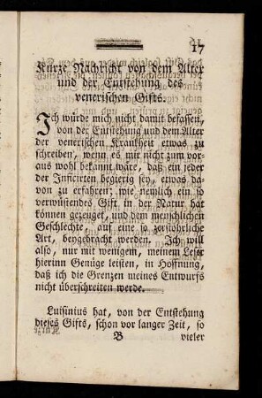 Kurze Nachricht von dem Alter und der Entstehung des venerischen Gifts.