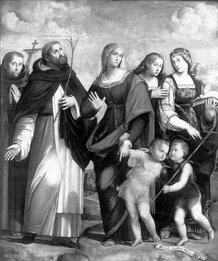 Maria mit dem Kind, dem Johannesknaben und den Heiligen Dominkus, Franciskus von Assisi, Agnes und Maria Magdalena