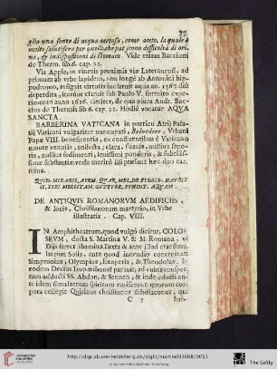 Cap. VIII.: De antiquis Romanorum & adisicijs, & locis, Christianorum martyrio, in Urbe illustratis