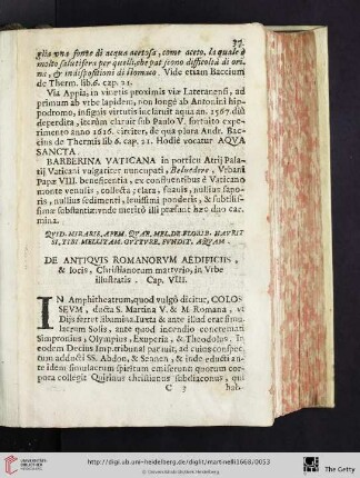 Cap. VIII.: De antiquis Romanorum & adisicijs, & locis, Christianorum martyrio, in Urbe illustratis