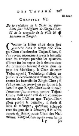 Chapitre VI. De la reduction de la Tribu des Markätts sous l'obéissance de Zingis-Chan & de la conqueste de la Ville & du Royaume de Tangut